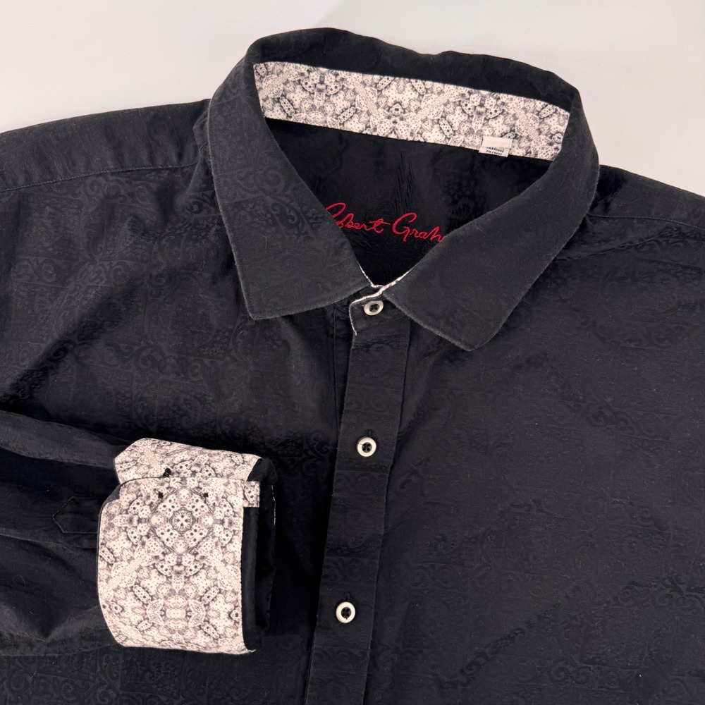 Robert Graham Button Down Shirt Mens 3XLT Black Paisley Jacquard Contrast Cuffs